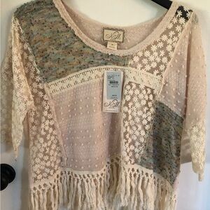 Nick & Mo Cream and Blue Lace Fringe Blouse